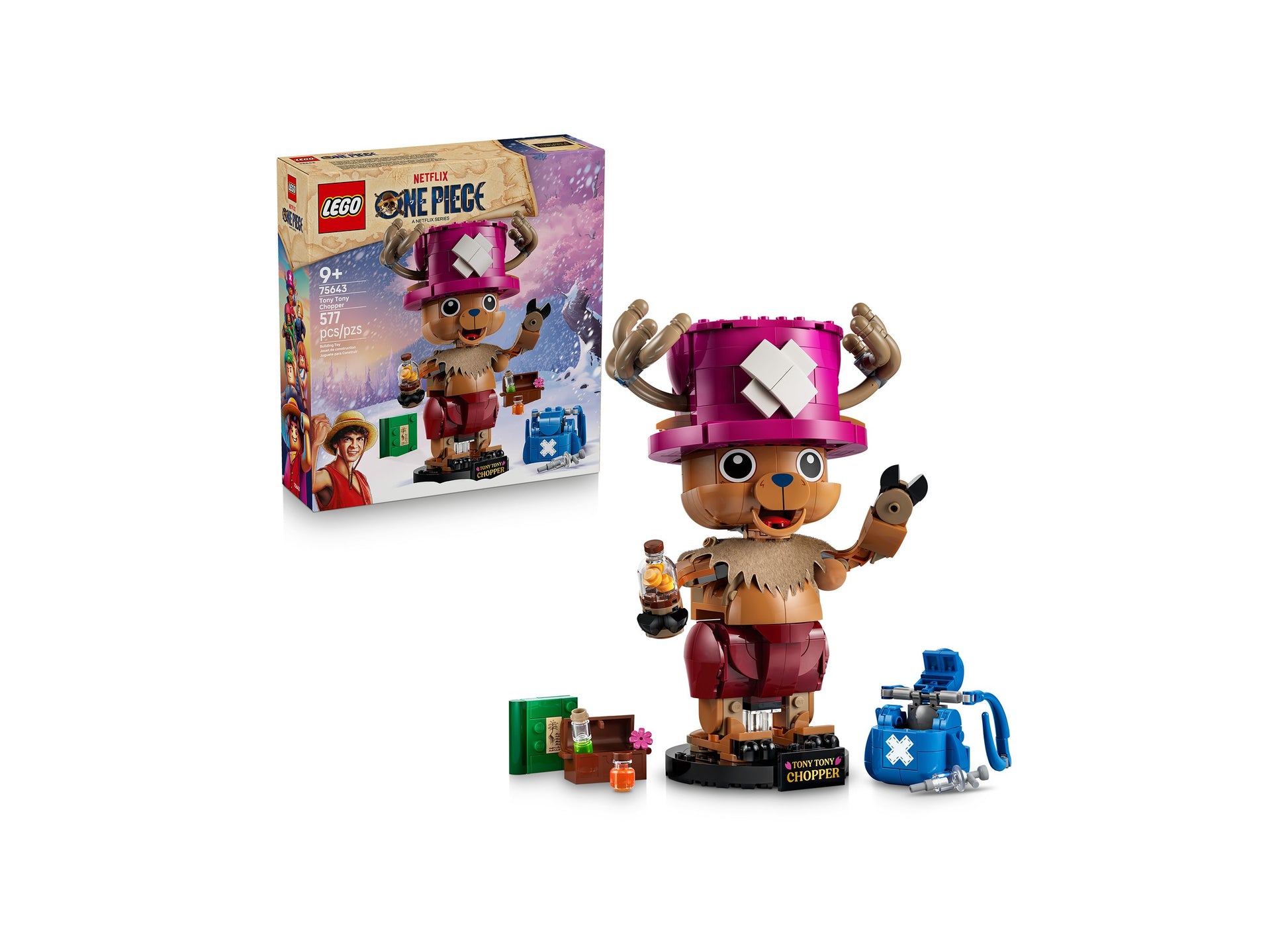 LEGO ONE PIECE Tony Tony Chopper 75643 buildable figure with pink hat, brown body, and accessories