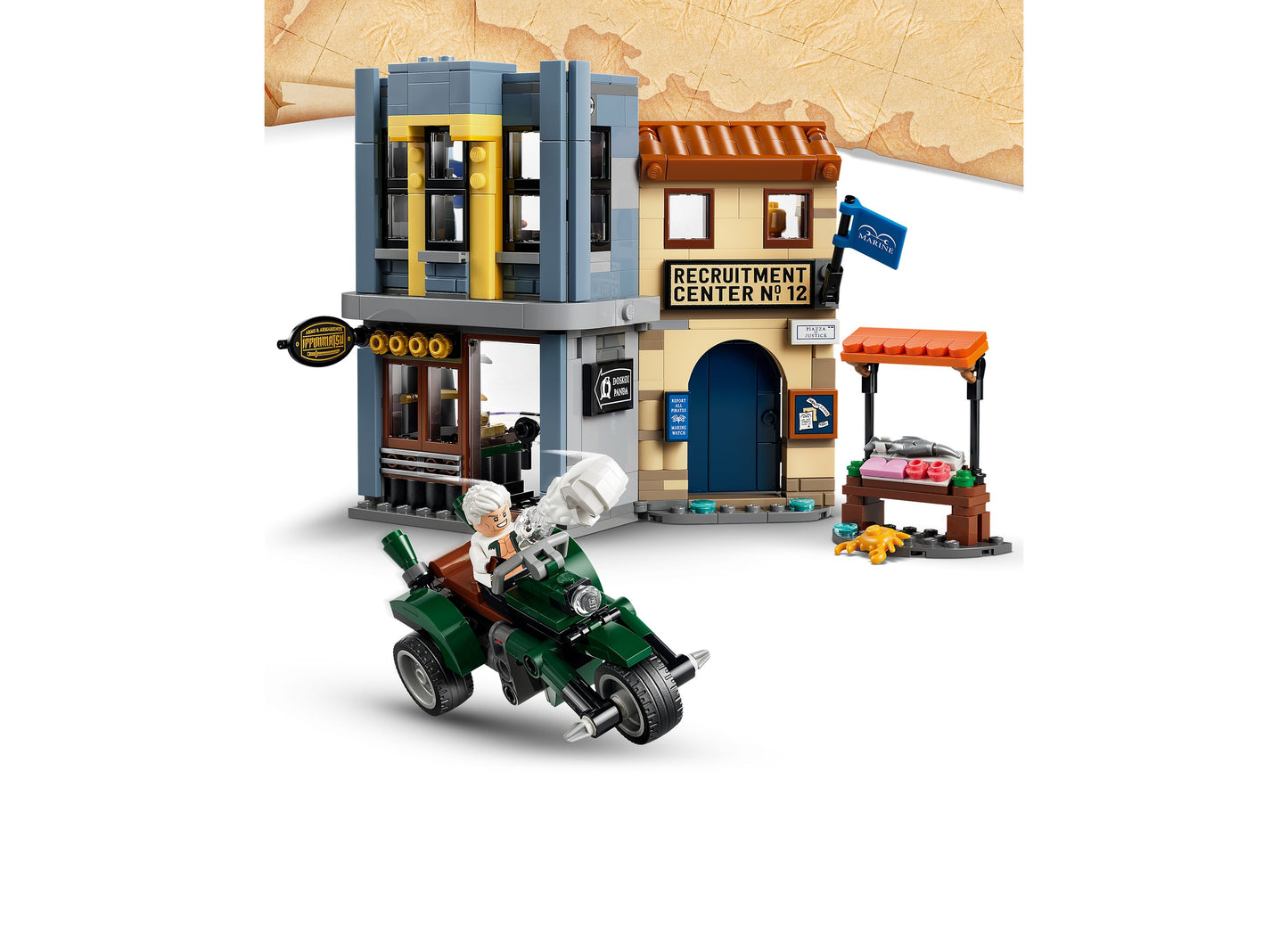 LEGO ONE PIECE Showdown with Captain Smoker 75642 building set featuring blue and tan recruitment center, green motor...
