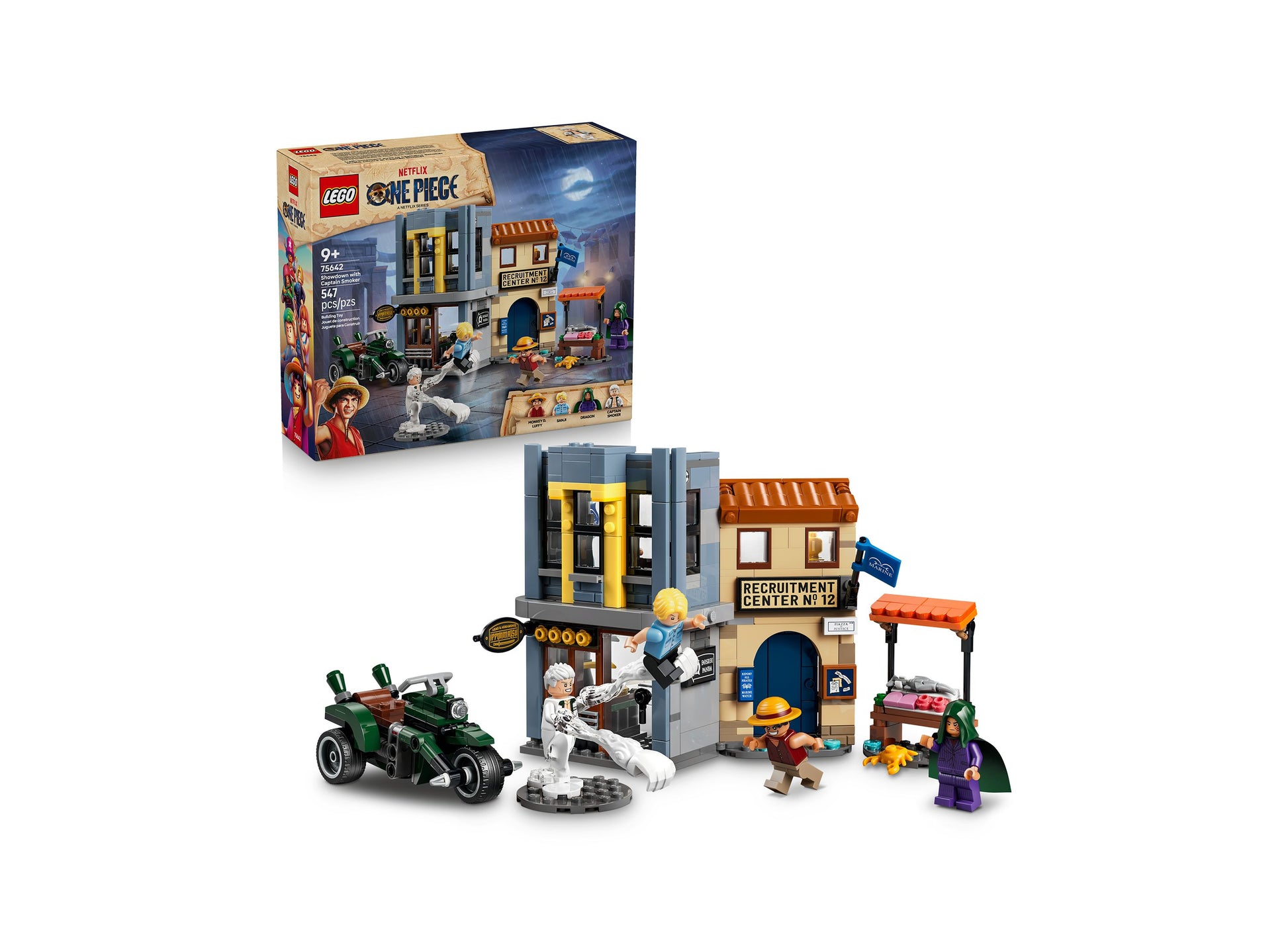 LEGO ONE PIECE Showdown with Captain Smoker 75642 building set with minifigures and green motorcycle