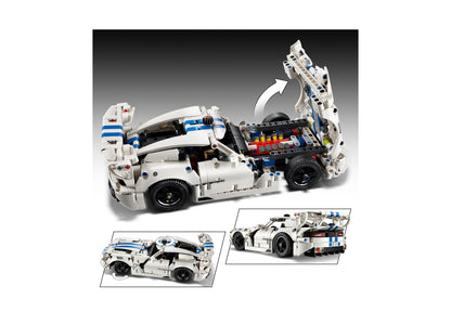 LEGO Technic Dodge Viper GTS-R white sports car building set with blue stripes, shown in multiple views including tra...