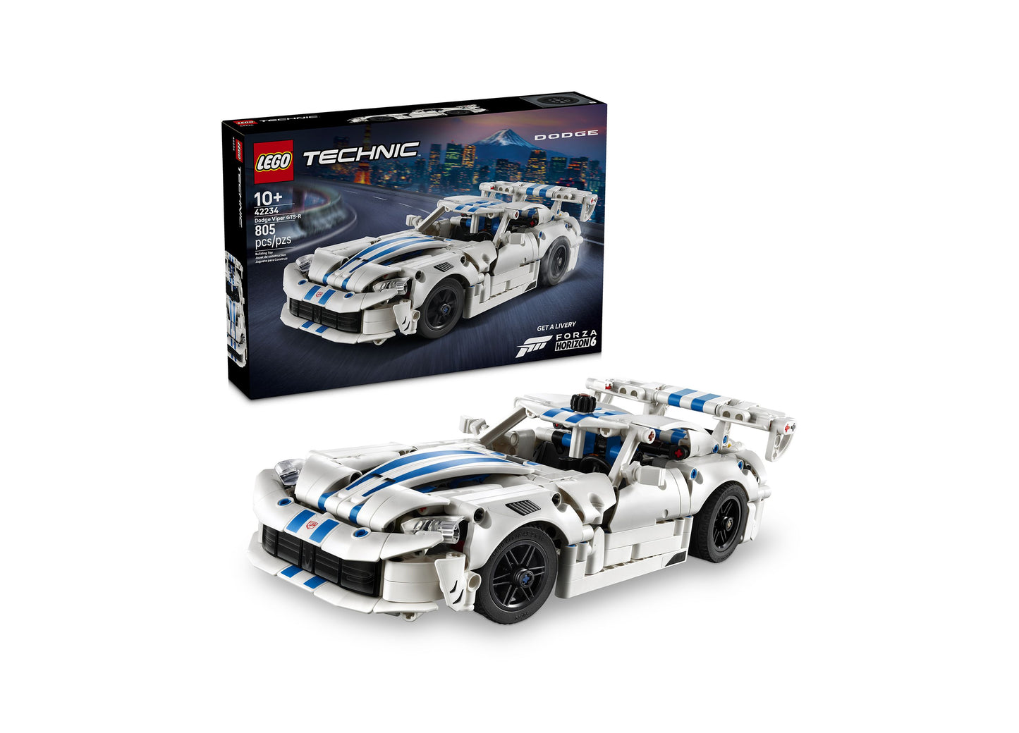 LEGO Technic Dodge Viper GTS-R white and blue sports car building set with 805 pieces