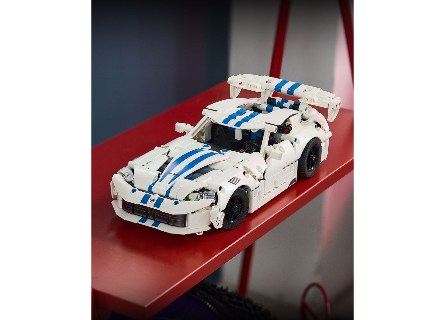 LEGO Technic Dodge Viper GTS-R white and blue sports car building set with detailed engine and opening hood