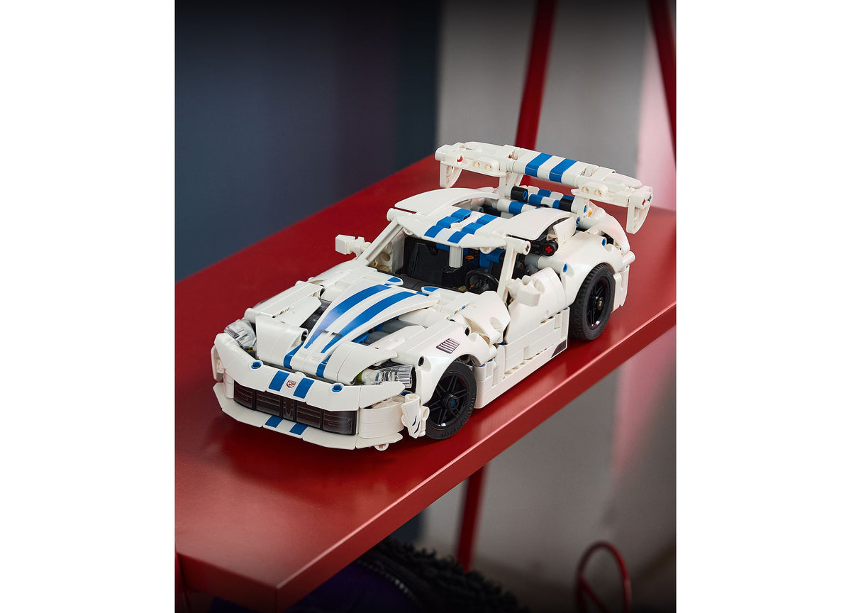 LEGO Technic Dodge Viper GTS-R white and blue sports car building set with detailed engine and opening hood
