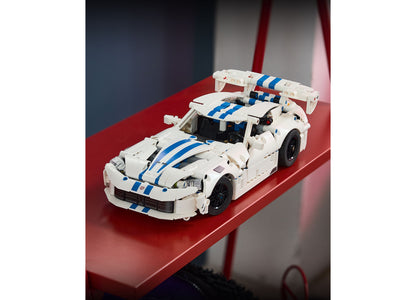 LEGO Technic Dodge Viper GTS-R white and blue sports car building set with detailed engine and opening hood