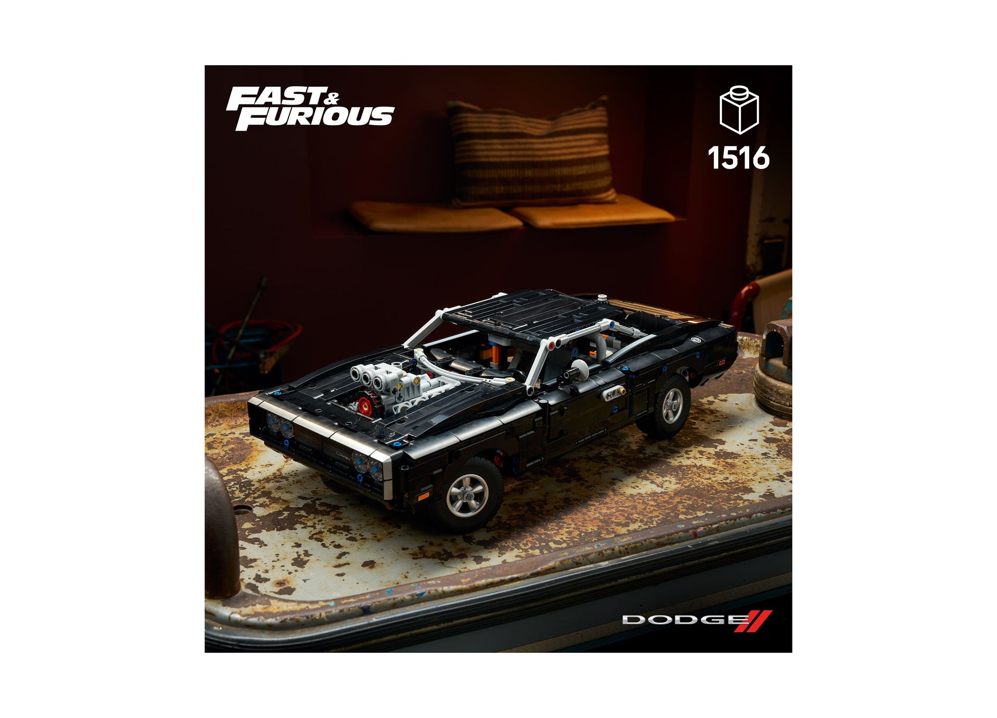 LEGO Fast and Furious Dodge Charger R/T black car building set with detailed engine and removable roof