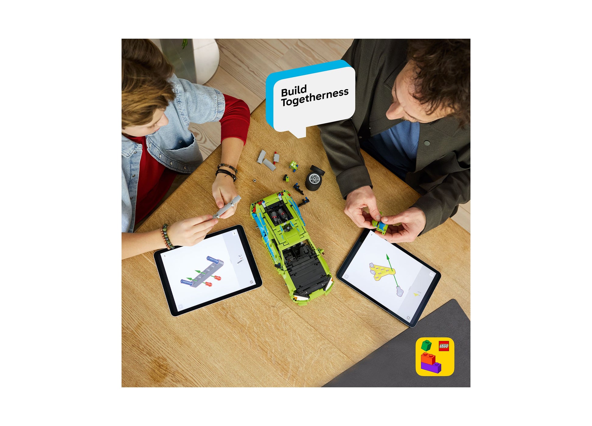 LEGO Fast and Furious Mitsubishi Eclipse 42229 building set with lime green car, instruction tablets, and two kids bu...