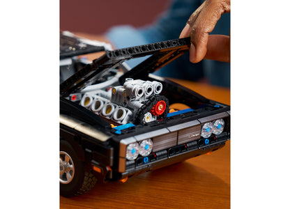 LEGO Fast and Furious Dodge Charger R/T 42231 with opening hood displaying detailed engine, black and orange car