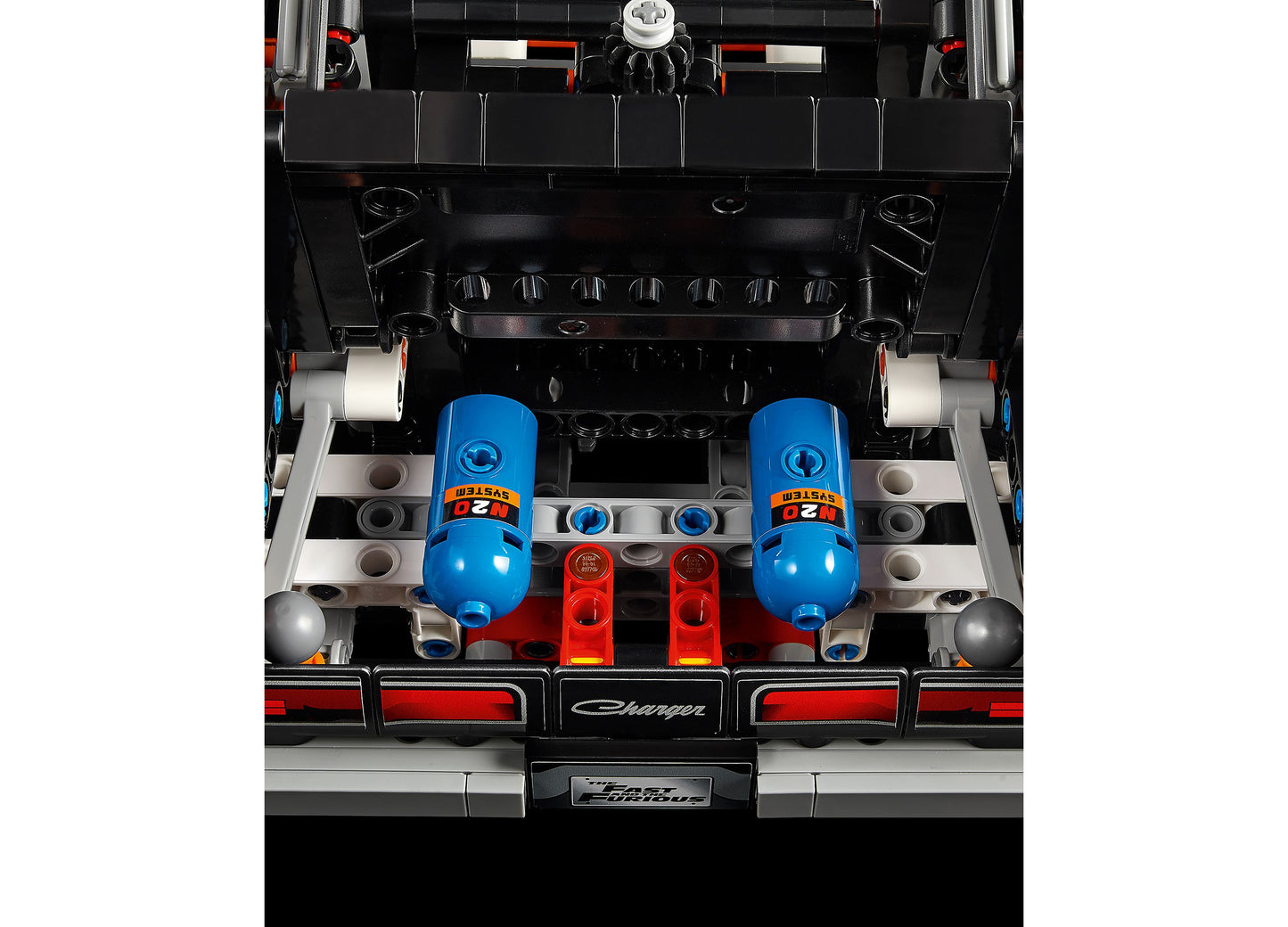 LEGO Fast and Furious Dodge Charger R/T 42231 with blue nitro bottles and red engine details