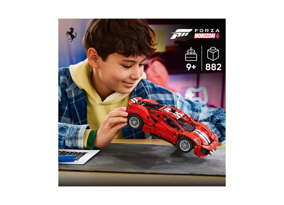 LEGO Technic Ferrari 488 PISTA red sports car building set with 882 pieces for ages 9+