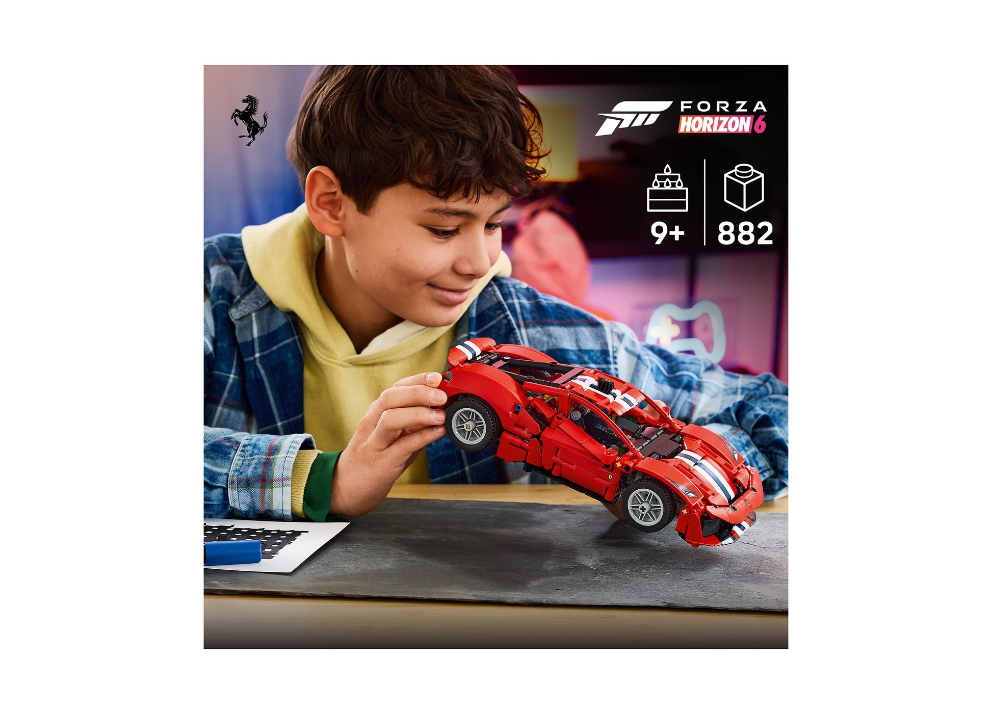 LEGO Technic Ferrari 488 PISTA red sports car building set with 882 pieces for ages 9+