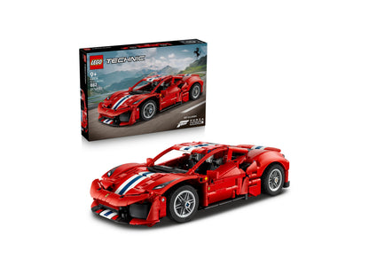 LEGO Technic Ferrari 488 PISTA red sports car building set with white racing stripes