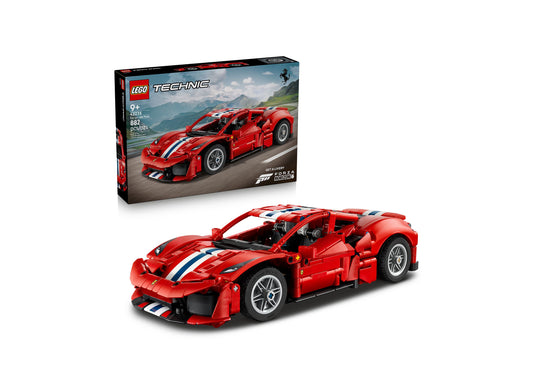 LEGO Technic Ferrari 488 PISTA red sports car building set with white racing stripes