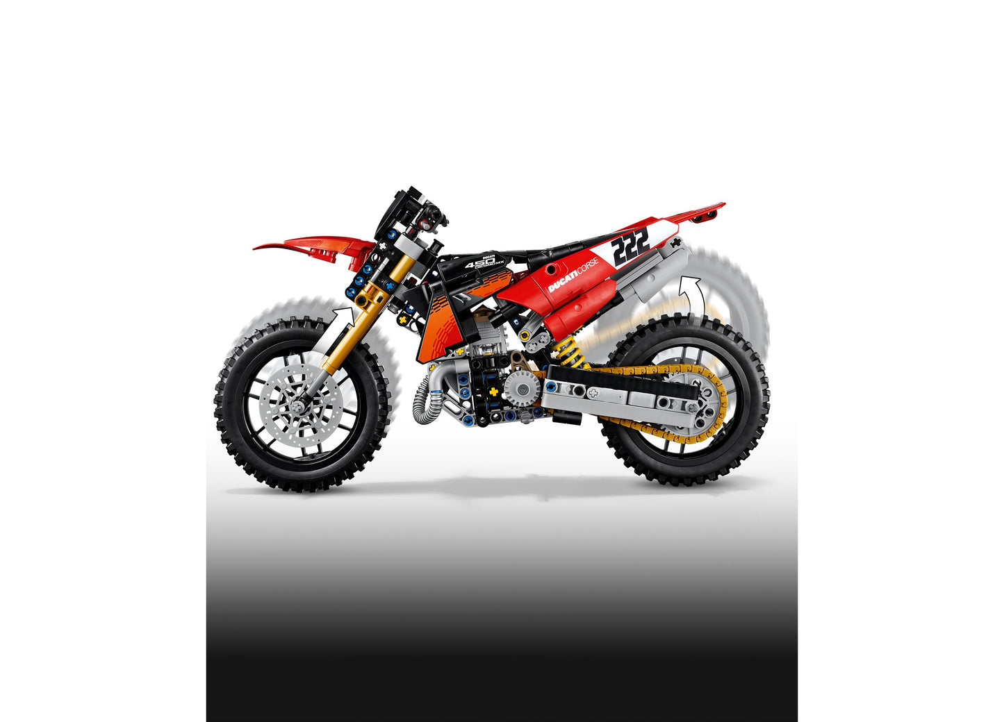 LEGO Ducati Desmo450 MX Factory Motorcycle red and black building set with detailed suspension and tires