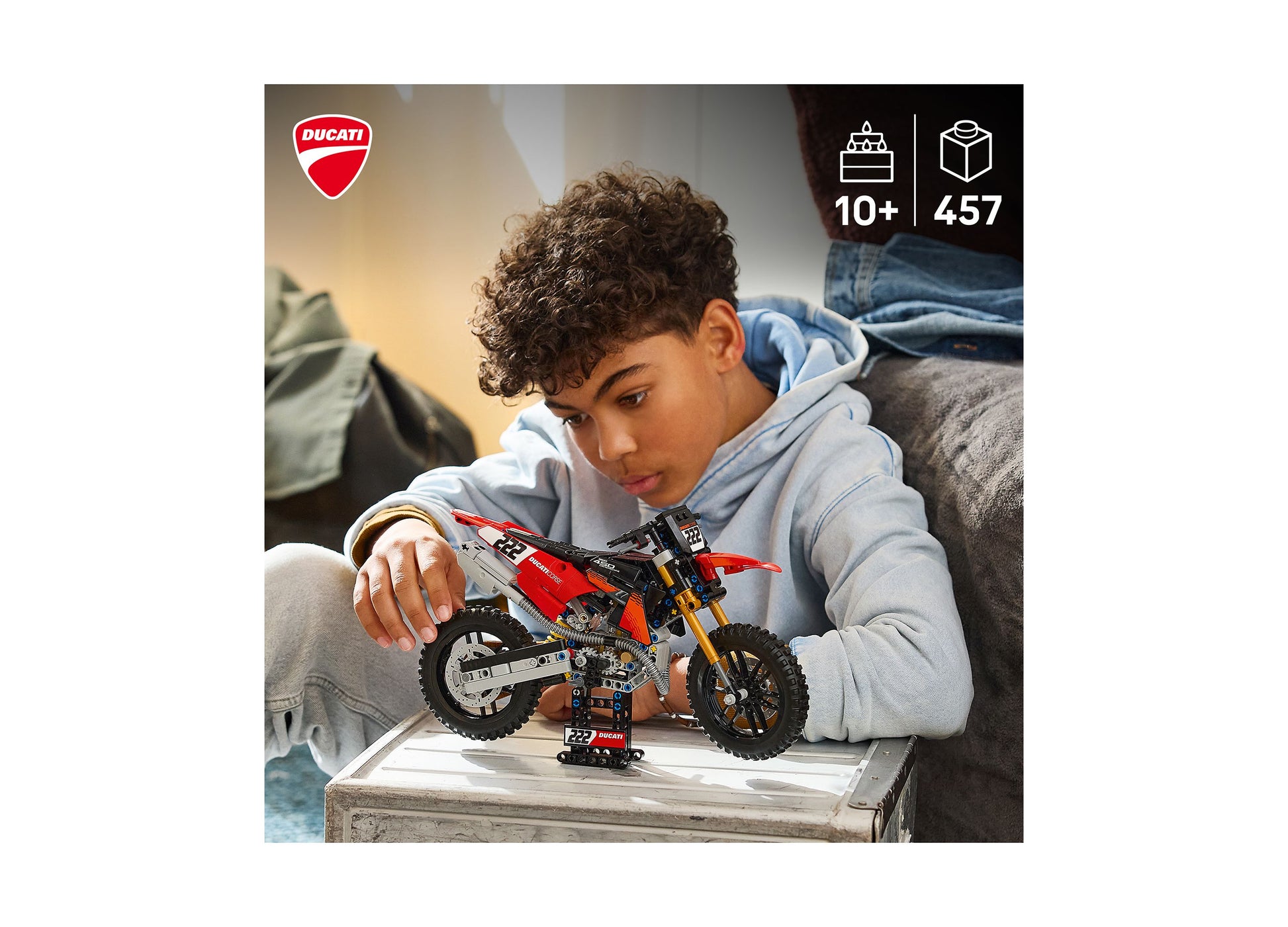 LEGO Ducati Desmo450 MX red motorcycle building set with 457 pieces for ages 10+