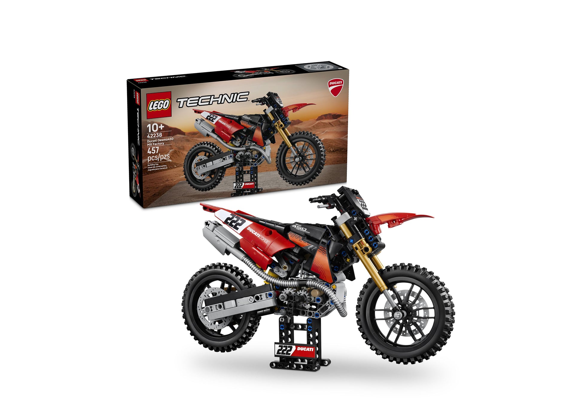 LEGO Technic Ducati Desmo450 MX red and black motorcycle building set with stand
