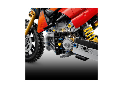 LEGO Ducati Desmo450 MX motorcycle building set with red body, yellow suspension, and detailed engine components