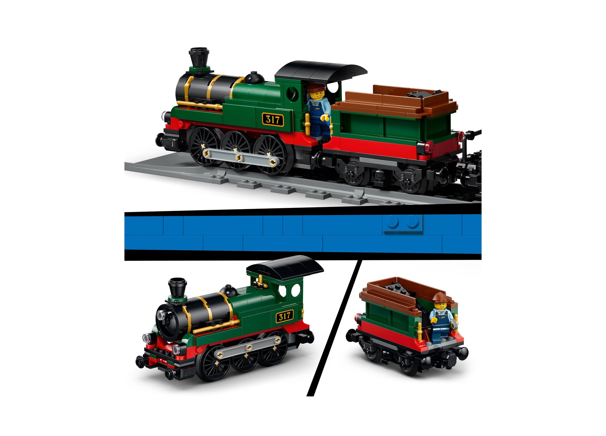 LEGO City Vintage Steam Train 60511 set with green and red locomotive, tender car, and minifigure