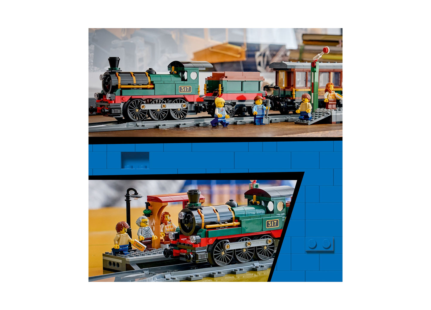 LEGO City Vintage Steam Train 60511 set with green and red locomotive, passenger cars, minifigures, and track pieces