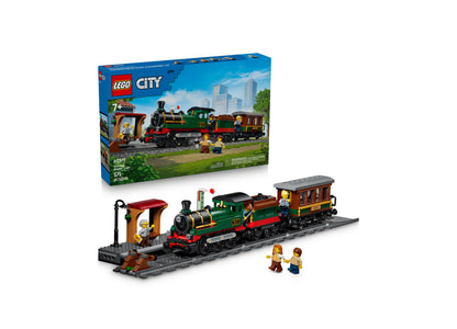 LEGO City Vintage Steam Train 60511 set with green and red locomotive, passenger car, station, and minifigures