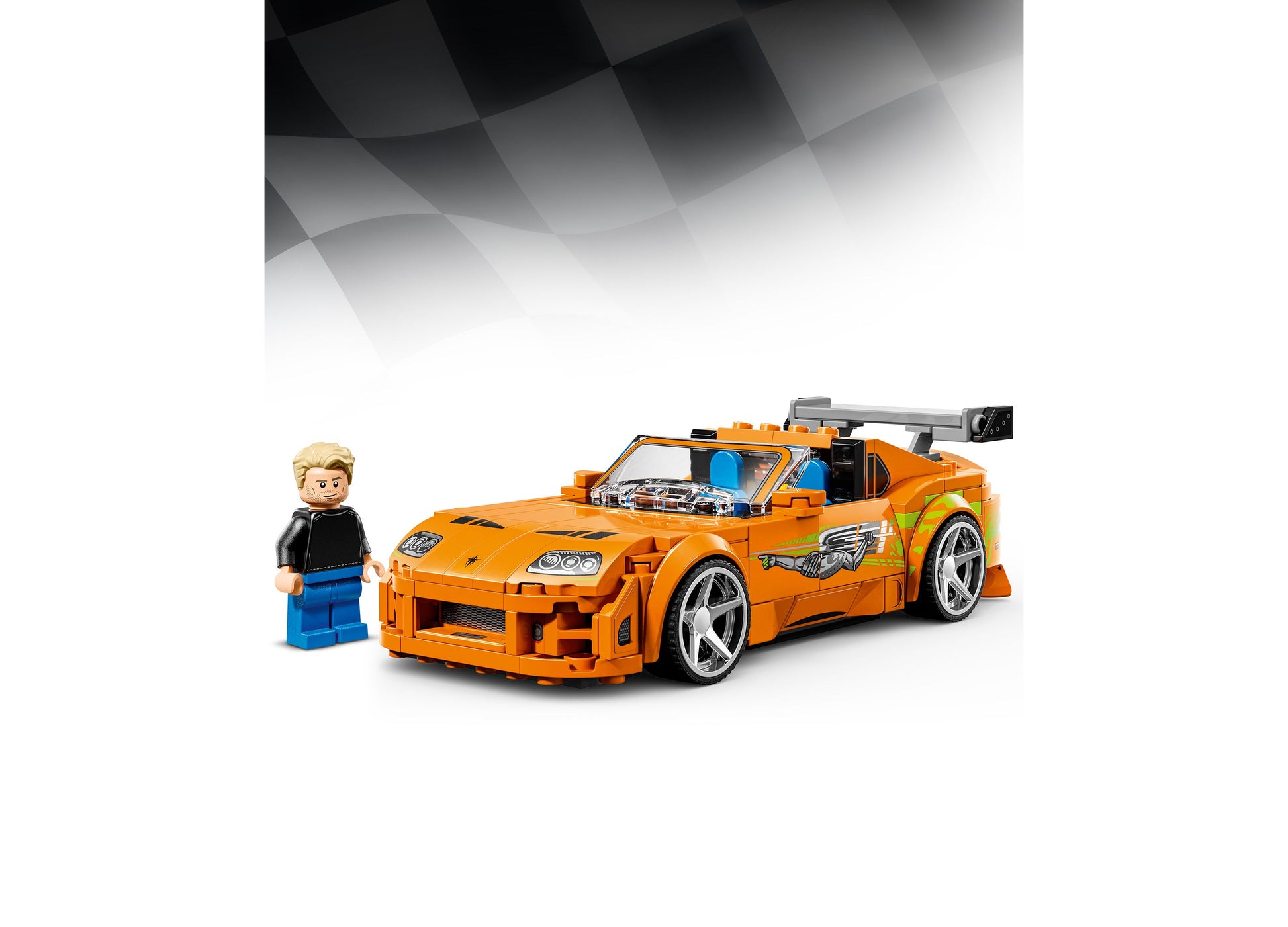 LEGO Fast and Furious Toyota Supra MK4 orange sports car building set with minifigure