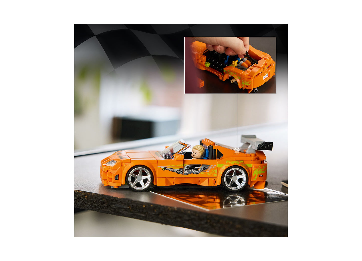 LEGO Fast and Furious Toyota Supra MK4 orange sports car building set with minifigure