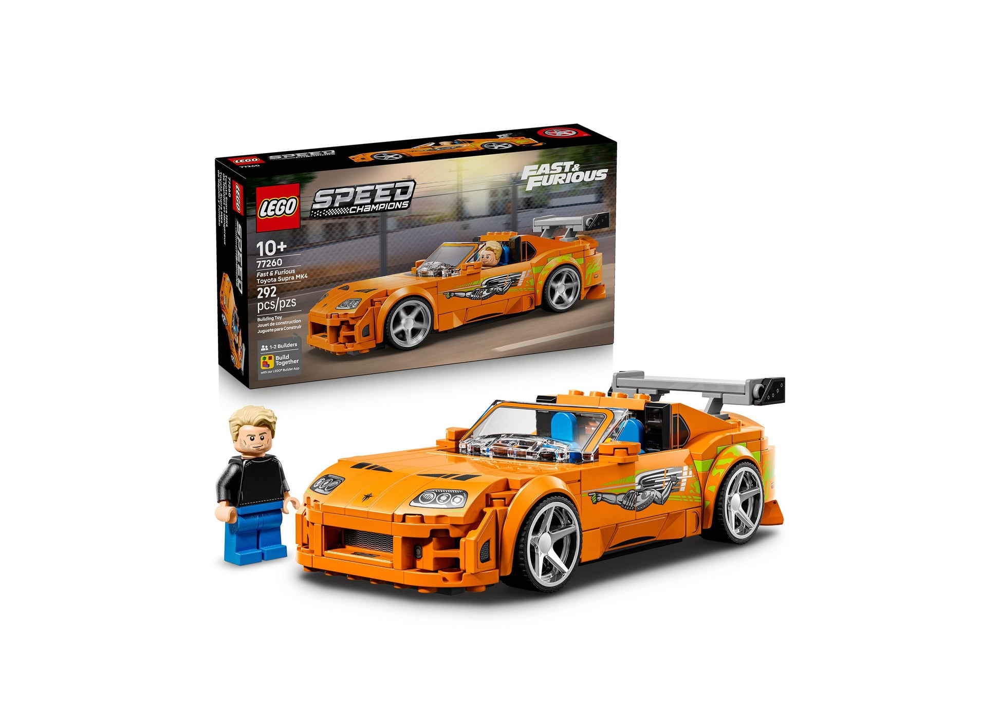 LEGO Speed Champions Fast and Furious orange Toyota Supra MK4 building set with minifigure