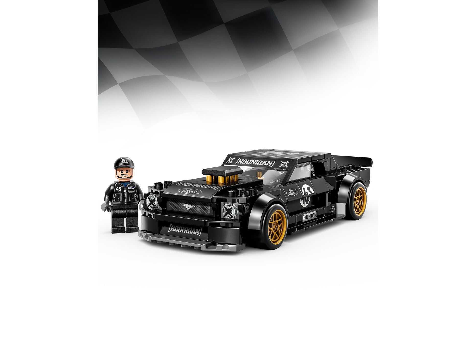 LEGO Ken Block's '65 Ford Mustang Hoonicorn V1 black and gold race car building set with minifigure