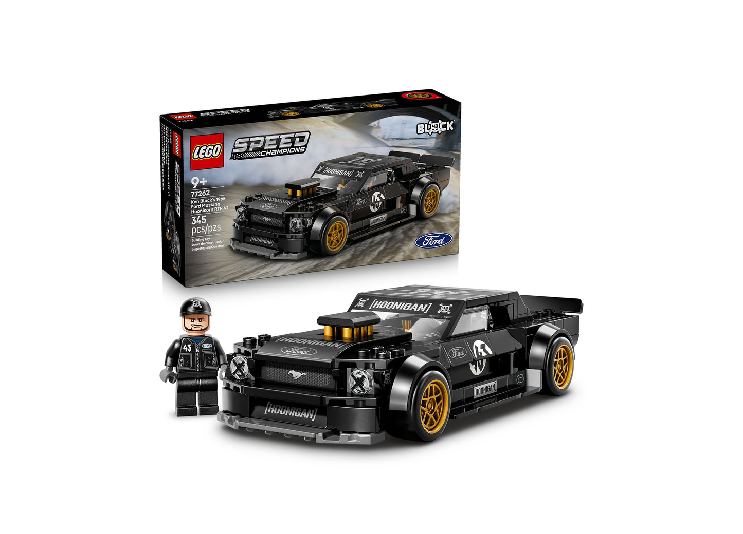 LEGO Speed Champions Ken Block's '65 Ford Mustang Hoonicorn V1 black race car with gold wheels and minifigure