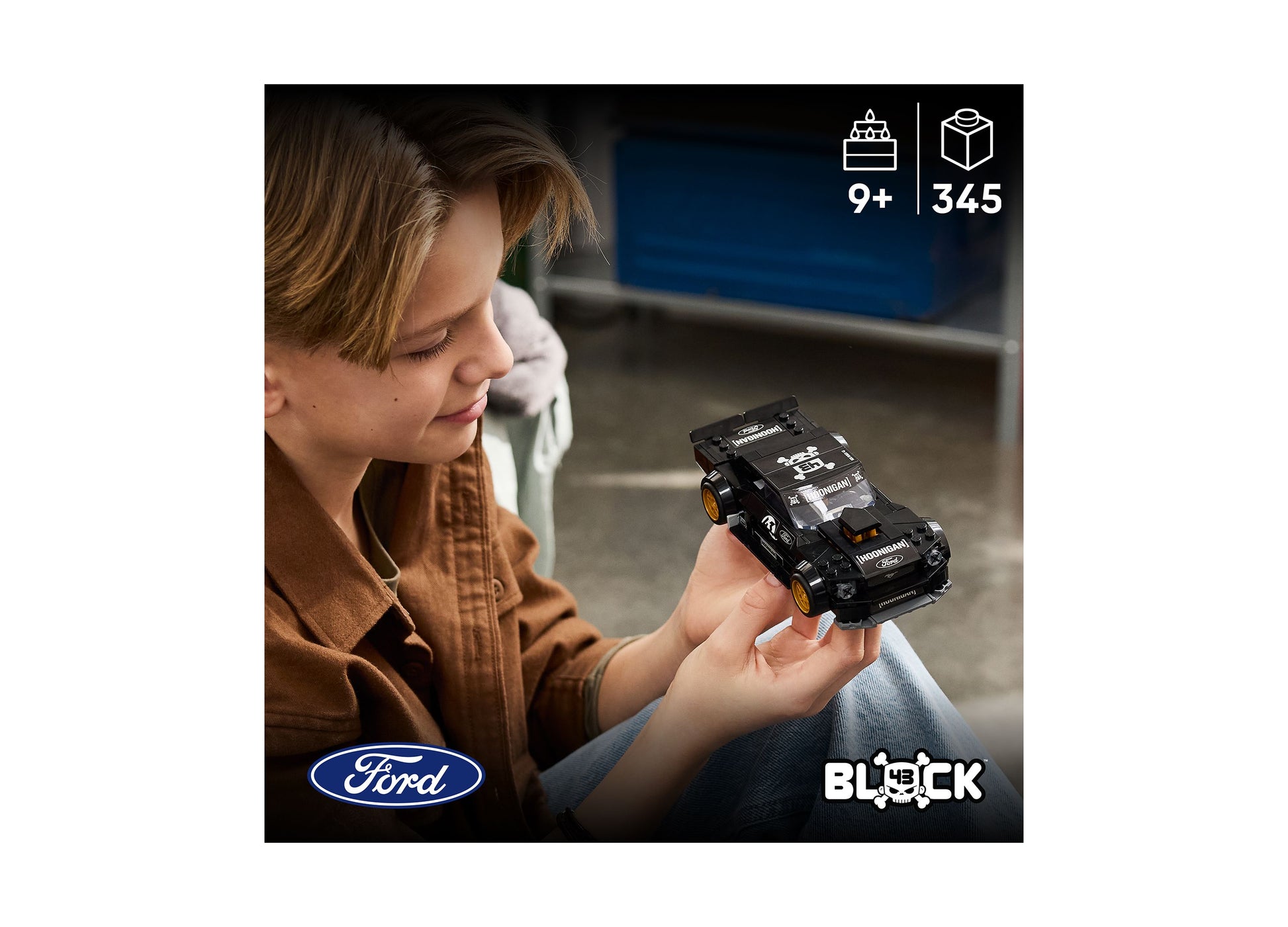 LEGO Ken Block Ford Mustang Hoonicorn 345-piece black building set for ages 9+