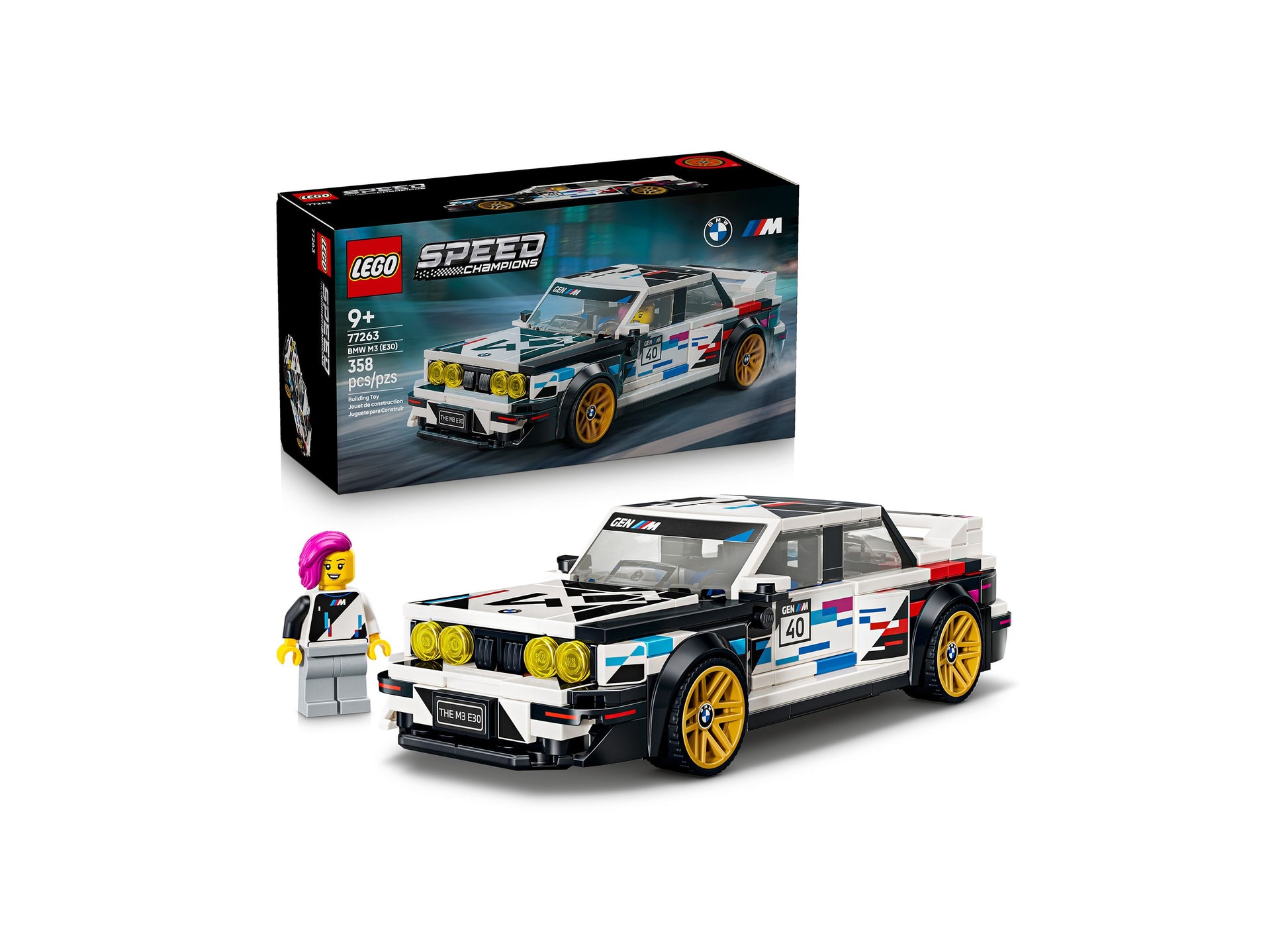 LEGO BMW M3 E30 77263 building set with white, blue and yellow race car model and minifigure