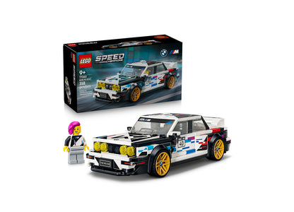 LEGO BMW M3 E30 77263 building set with white, blue and yellow race car model and minifigure