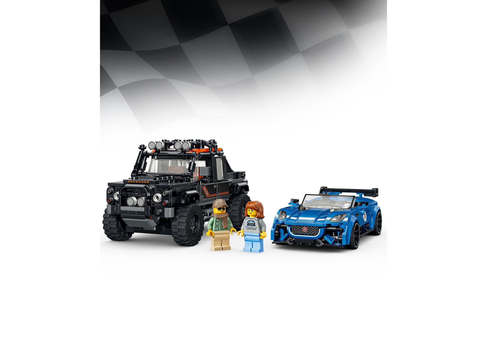 LEGO Jaguar Project 7 Land Rover Defender 77264 building set with black SUV, blue sports car, and minifigures