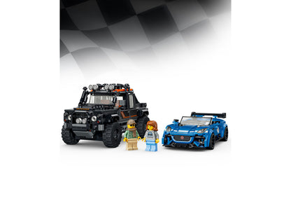 LEGO Jaguar Project 7 Land Rover Defender 77264 building set with black SUV, blue sports car, and minifigures