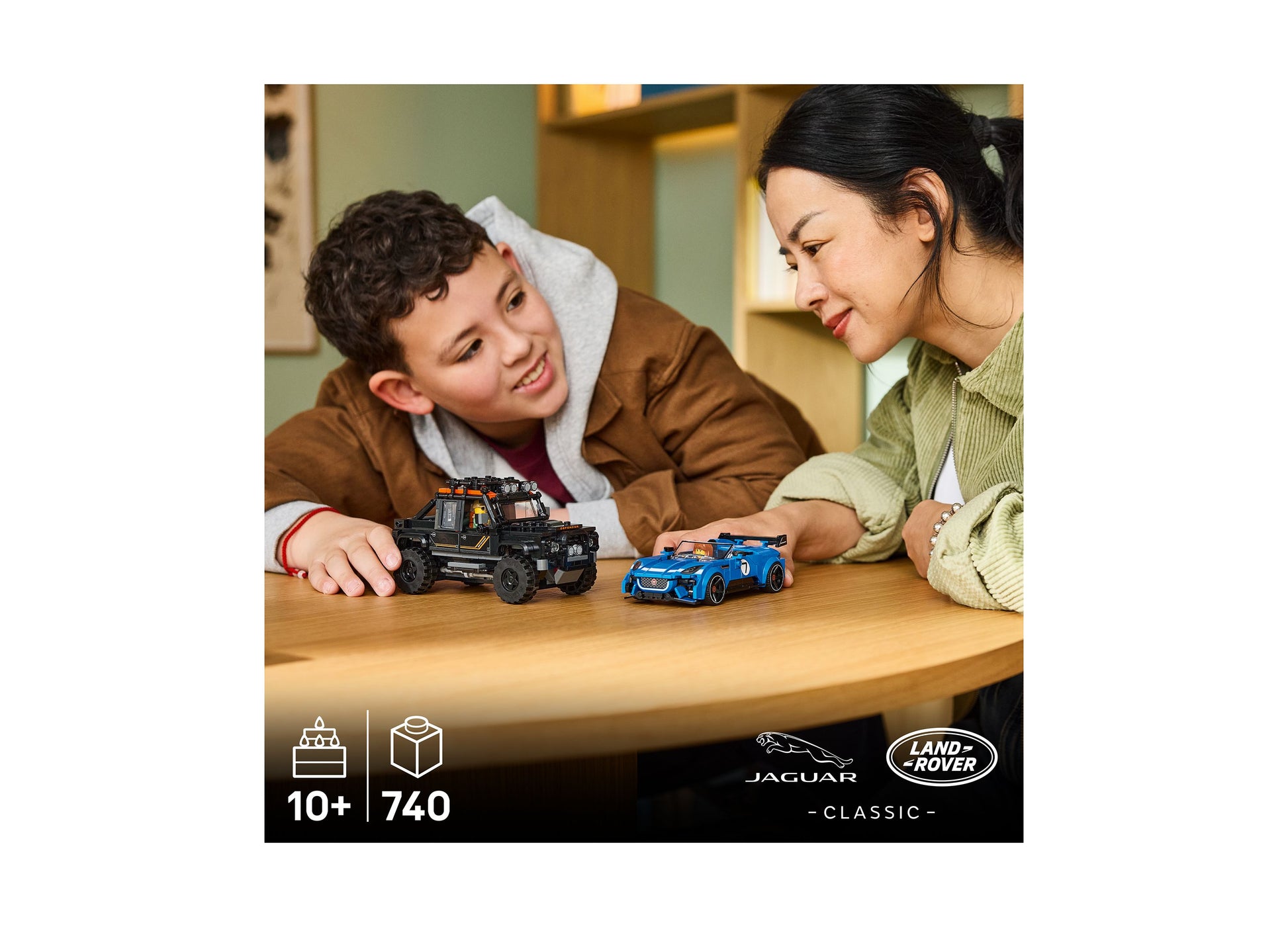 LEGO Jaguar Land Rover Defender 77264 building set with black SUV and blue sports car models