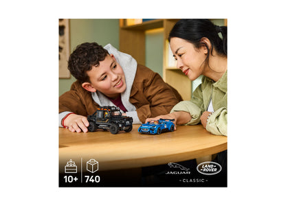 LEGO Jaguar Land Rover Defender 77264 building set with black SUV and blue sports car models