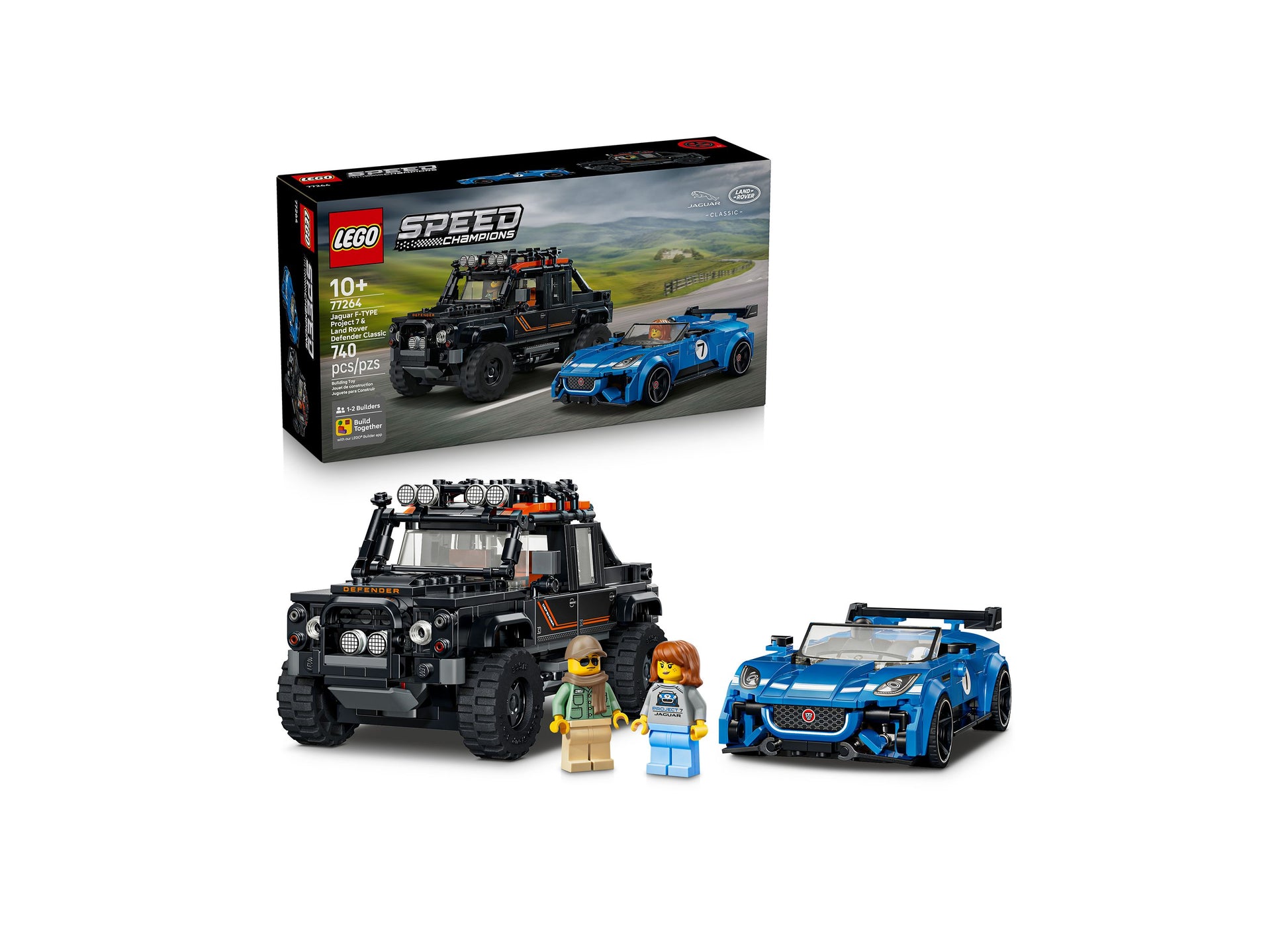 LEGO Speed Champions 77264 Jaguar Project 7 and Land Rover Defender set with blue sports car, black SUV, and two mini...