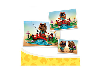 LEGO Animal Crossing Timmy Tommy's Fun Day Out set with bear character, red bridge, flowers, and water features