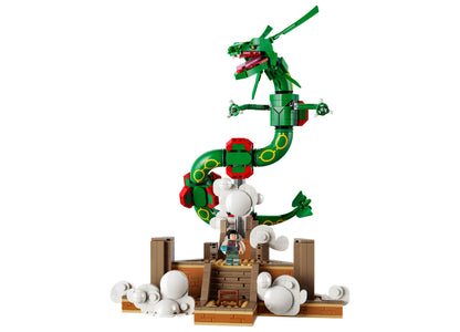 LEGO Pokémon Rayquaza Posable Display Set with green dragon figure, brown base, and minifigure