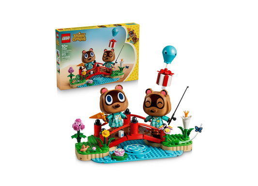 LEGO Animal Crossing Timmy Tommy's Fun Day Out set with two bear minifigures, red bridge, blue balloon, and colorful ...