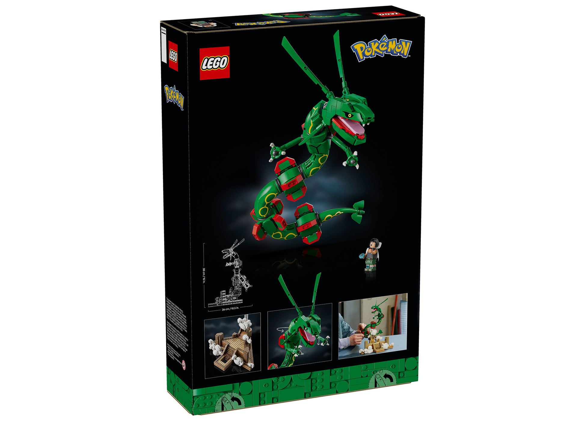 LEGO Pokémon Rayquaza green and red posable building set with minifigure, displayed in package