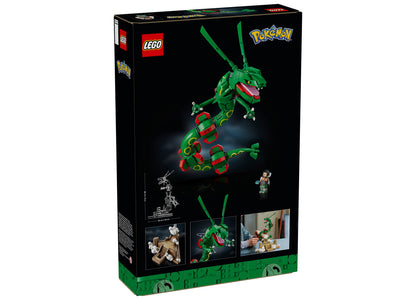 LEGO Pokémon Rayquaza green and red posable building set with minifigure, displayed in package
