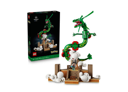 LEGO Pokémon Rayquaza green posable building set with wooden base and white cloud pieces