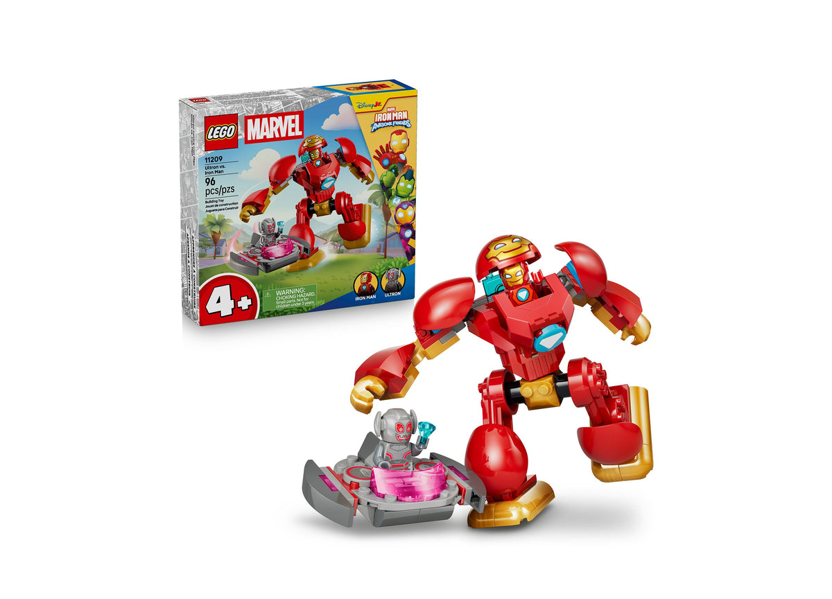 LEGO Marvel Ultron vs. Iron Man 11209 building set with red Iron Man suit and gray Ultron minifigures