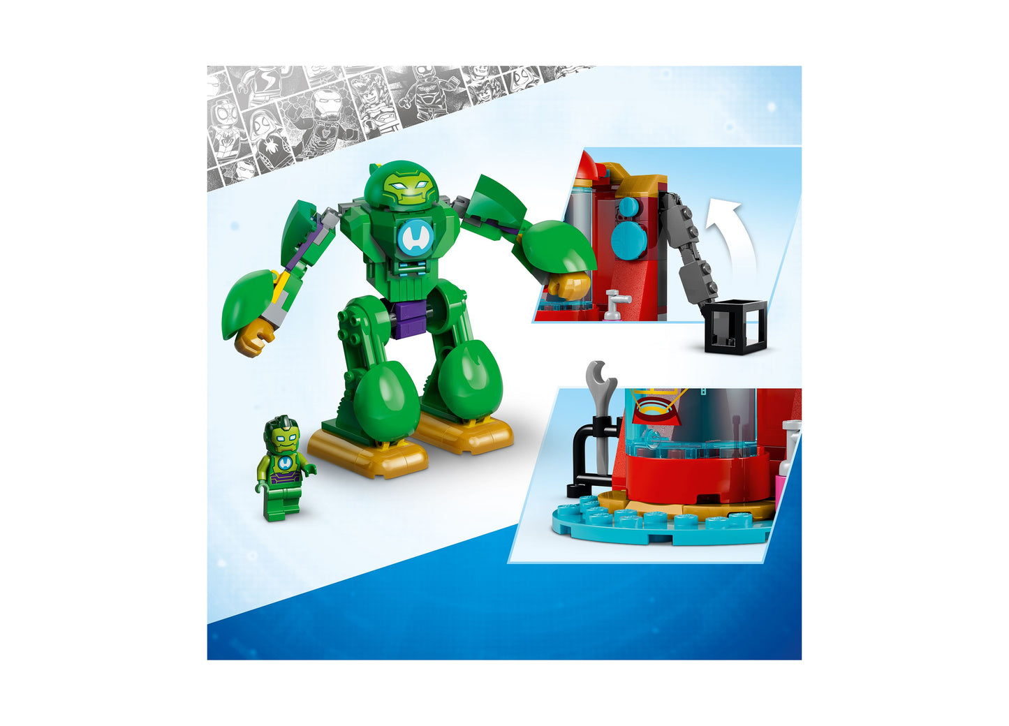 LEGO Marvel 11211 Loki vs. Team Iron Man set with green robot, minifigure, and red tower playset