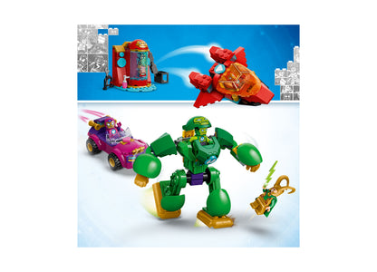 LEGO Marvel Iron Man 11211 building set with red Iron Man suit, green Hulk robot, and purple car with minifigures