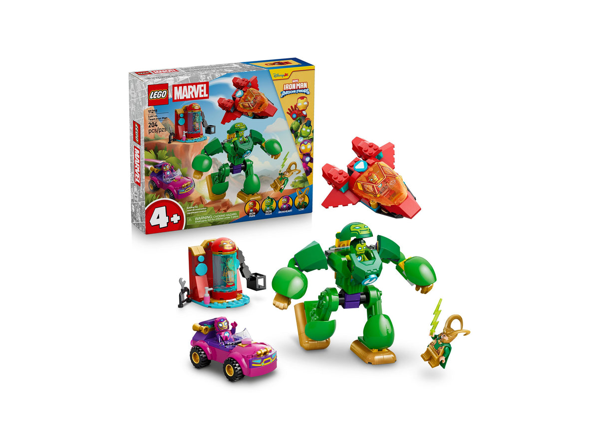 LEGO Marvel 11211 Iron Man Awesome Friends set with green Hulk figure, red jet, purple car, and minifigures