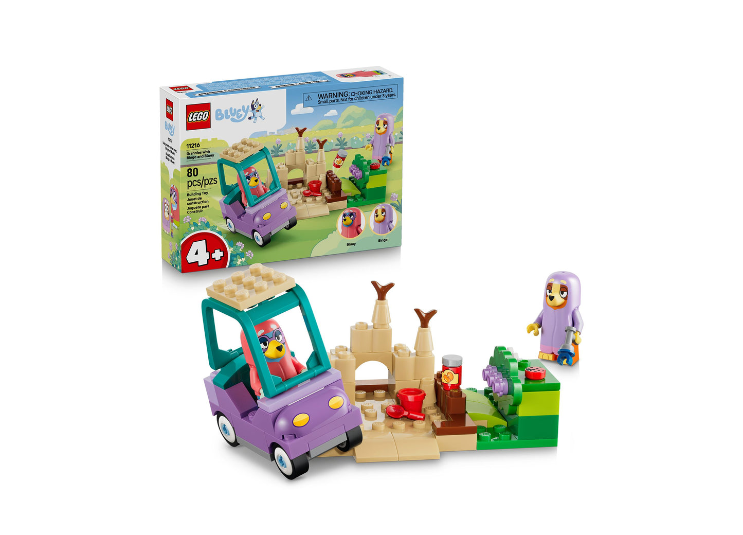 LEGO Bluey 11216 80-piece building set with purple car, sand castle, and character figures for ages 4+