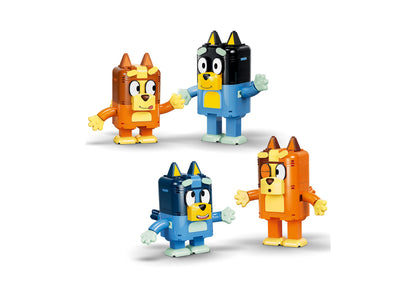 LEGO Bluey Brick-Built Bluey Family 11217 set with four colorful character figures in orange, blue, and yellow