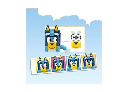 LEGO Bluey Brick-Built Bluey Family 11217 building set with blue and yellow character pieces and expression faces