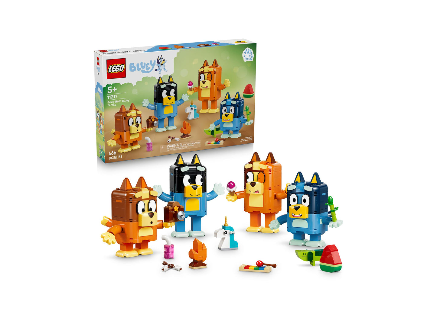 LEGO Bluey Brick-Built Bluey Family 11217 set with colorful orange, blue, and black character figures and accessories